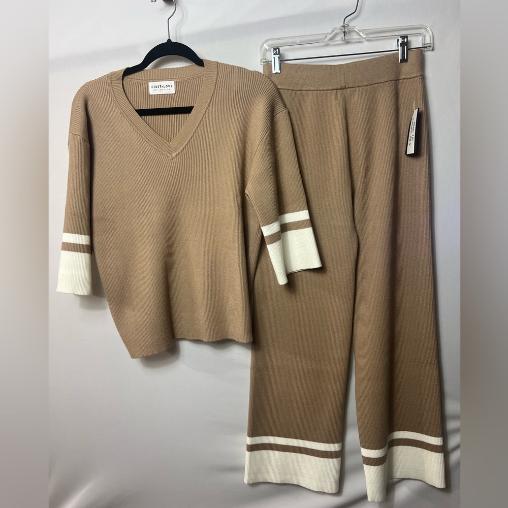 NWT First Love Ribbed Knit 2-Piece Set | V-Neck Top & Wide Leg Pants | Neutral